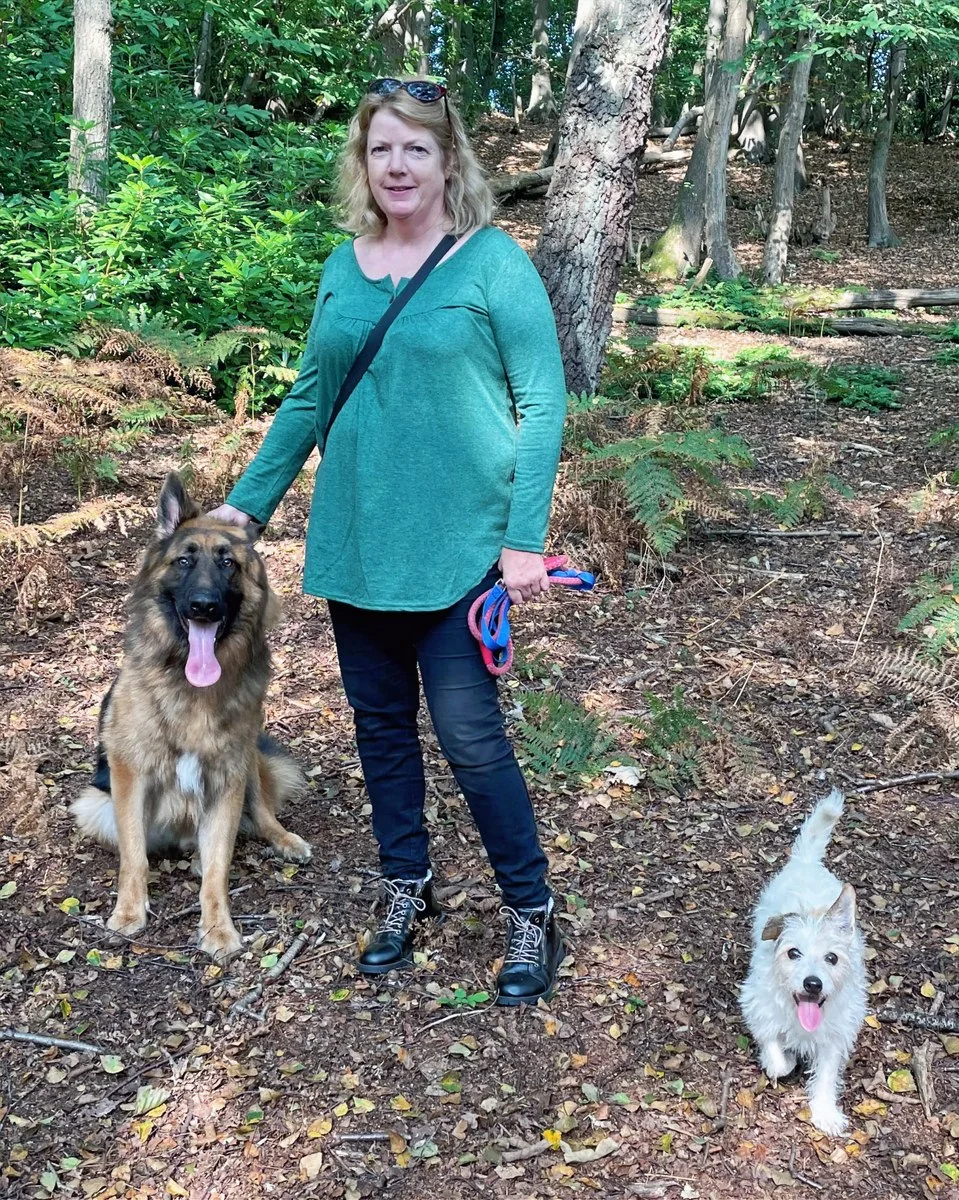 Jackie outdoors with dogs